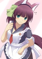  1girl alternate_costume angel_beats! animal_ears apron back_bow black_dress black_hairband black_sailor_collar blunt_bangs blush bow clenched_hand closed_mouth commentary cowboy_shot dress enmaided extra_ears eyes_visible_through_hair flying_sweatdrops frilled_apron frills green_bow green_eyes hair_bow hairband hand_up highres lelie_(lelie_link) looking_at_viewer maid maid_apron medium_hair nakamura_yuri pink_background purple_hair sailor_collar short_sleeves shy sidelocks simple_background smile solo split_mouth straight_hair tail white_apron white_bow 