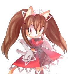  1girl animal_ears brown_hair cat_ears cat_tail dress eyelashes finger_to_cheek furry furry_female gloves hair_ornament honey_the_cat mary7ka red_dress sonic_(series) sonic_the_fighters sonic_the_hedgehog_(classic) tail twintails v white_background yellow_eyes 