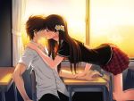  1boy 1girl classroom couple flower g.j? game_cg kiss long_hair queen_bonjourno sakurazaka_megumi sano_toshihide school sunset 