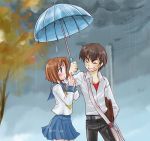  1girl blue_eyes brown_hair couple higurashi_no_naku_koro_ni lowres maebara_keiichi rain ryuuguu_rena school_uniform serafuku short_hair umbrella 