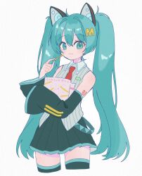  1girl :3 adapted_costume alternate_costume animal_ears aqua_eyes aqua_hair aqua_trim bare_shoulders black_boots black_skirt black_sleeves boots cat_ears collared_shirt cropped_legs detached_sleeves food french_fries grey_shirt hair_between_eyes hatsune_miku highres holding holding_food looking_at_viewer mcdonald's miniskirt necktie red_necktie shiina_(qh38crgwgf1yeut) shirt skirt sleeveless sleeveless_shirt striped_clothes striped_shirt text_hair_ornament thigh_boots twintails vertical-striped_clothes vertical-striped_shirt vocaloid 