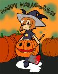  blood halloween hat higurashi_no_naku_koro_ni jack-o'-lantern jack-o-lantern orange_hair pumpkin red_eyes ryuuguu_rena short_hair weapon witch_hat 