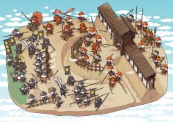 6+boys aka-kabuto_no_gema antique_firearm architecture armor arrow_(projectile) banner battle battle_standard black_armor defensive_wall drum drumming east_asian_architecture fence firelock from_above gun hat helmet highres holding holding_banner holding_weapon horse instrument japanese_armor jingasa kabuto_(helmet) matchlock multiple_boys naginata original palisade polearm red_armor shoulder_armor simple_background slingshot_(weapon) sode soldier spear suneate too_many trench war_banner weapon yari 