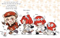  ! 4girls ^_^ absurdres ahoge angel_wings black_gloves blonde_hair closed_eyes dragging english_text flower flying_sweatdrops genshin_impact gloves hair_flower hair_ornament hat highres hilichurl_(genshin_impact) honkai:_star_rail honkai_(series) klee_(genshin_impact) multiple_girls open_mouth pointing red_hair sesield short_hair trianne_(honkai:_star_rail) tribbie_(honkai:_star_rail) trinnon_(honkai:_star_rail) triplets wings 