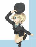  blue_eyes blush boots castle-yu erica_hartmann hat short_hair strike_witches uniform wink 