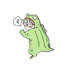  1boy aged_down animal_costume brown_hair child commentary_request frog_costume full_body glasses looking_back male_focus randal&#039;s_friends randal_ivory scribble short_hair simple_background solo standing tsukasa_(tsukasa_mimizuku) white_background 