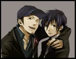  arisato_minato arm_around_neck artist_request baseball_cap black_hair hat iori_junpei jewelry male multiple_boys necklace persona persona_3 smile source_request wink 