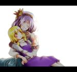  any_(artist) backlighting blonde_hair blush closed_eyes hug hug_from_behind letterboxed moriya_suwako multiple_girls no_hat no_headwear purple_hair short_hair touhou yae_(artist) yasaka_kanako yellow_eyes 