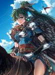  1girl anonamos army black_gloves breasts cape clouds cloudy_sky day dress earrings elbow_gloves feathers fire_emblem fire_emblem:_rekka_no_ken fire_emblem_heroes fur_cape glint gloves green_eyes green_hair hair_feathers highres horseback_riding jewelry katana long_hair looking_at_viewer lyndis_(fire_emblem) medium_breasts nintendo polearm ponytail riding saddle sash short_sleeves shoulder_armor sky smile spear sword thighs weapon wrist_guards 