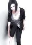  1girl against_wall black_eyes black_hair black_pants bob_cut breasts cardigan cleavage erise leaning_forward looking_at_viewer original pants shirt short_hair simple_background sleeves_pushed_up solo white_background white_shirt 