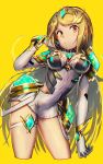 1girl armor bangs blonde_hair breasts chanmura cleavage cleavage_cutout covered_navel earrings gem gloves headpiece highres jewelry large_breasts long_hair looking_at_viewer mythra_(xenoblade) nintendo simple_background solo swept_bangs thigh_strap tiara xenoblade_(series) xenoblade_2 yellow_background yellow_eyes