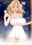  1girl bangs blonde_hair blue_eyes blush bottle breasts cleavage clouds collarbone cup drinking_glass embarrassed full_moon girls_und_panzer highres holding holding_tray kay_(girls_und_panzer) large_breasts long_hair milk_bottle moon nakamura_yukitoshi naked_towel night onsen open_mouth parted_bangs solo star_(sky) steam thigh_gap towel tray white_towel 