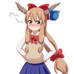  1girl alternate_costume beige_vest blue_skirt blush bow bowtie cato_(monocatienus) commentary_request eyebrows_visible_through_hair hair_bow hands_on_hips horn_ribbon horns ibuki_suika light_brown_hair long_hair long_sleeves looking_at_viewer low-tied_long_hair nose_blush red_bow red_neckwear ribbon school_uniform shirt sidelocks simple_background skirt smile solo touhou very_long_hair vest white_background white_shirt yellow_eyes 