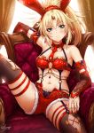  1girl animal_ears arm_rest bandeau bangs blonde_hair breasts bridal_gauntlets chains chair collarbone commentary_request detached_collar detached_sleeves earrings eyebrows_visible_through_hair fake_animal_ears fate/grand_order fate_(series) garter_straps gold gold_trim green_eyes hair_ornament highres jewelry knee_up long_hair looking_at_viewer mordred_(fate) mordred_(fate)_(all) nail_polish navel necktie o-ring o-ring_top open_fly parted_bangs ponytail rabbit_ears red_legwear red_nails red_neckwear red_shorts ruby_(gemstone) sakiyamama short_shorts shorts sidelocks signature skindentation sleeve_cuffs small_breasts solo spread_legs stomach thigh-highs thigh_strap 