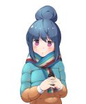  1girl absurdres blue_hair commentary hair_bun highres holding jacket jitome looking_at_viewer pinecone scarf shima_rin solo upper_body violet_eyes white_background yunyunmaru yurucamp 
