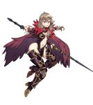  1girl absurdres alternate_costume armor armored_boots armored_dress boots braid breasts brown_eyes cape circlet cleavage ebinku effie_(fire_emblem) eyebrows_visible_through_hair fire_emblem fire_emblem_echoes:_mou_hitori_no_eiyuuou full_body high_heel_boots high_heels highres light_brown_hair looking_at_viewer medium_breasts medium_hair navel navel_cutout nintendo outstretched_hand pelvic_curtain polearm purple_legwear sidelocks simple_background smile solo thigh-highs thigh_boots thighs twin_braids weapon white_background 