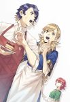  1boy 2girls alfonse_(fire_emblem) alternate_costume anna_(fire_emblem) apron blonde_hair blue_eyes blue_hair braid brother_and_sister cake crown_braid fire_emblem fire_emblem_heroes food gradient_hair green_eyes highres holding holding_plate index_finger_raised long_hair multicolored_hair multiple_girls nintendo open_mouth plate red_eyes redhead sharena short_hair short_sleeves siblings simple_background tomentomob white_background 