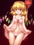  1girl :d babydoll bangs bare_arms bare_shoulders blonde_hair bow bow_panties breasts cleavage collarbone commentary_request cowboy_shot crystal eyebrows_visible_through_hair fang flandre_scarlet gluteal_fold gradient gradient_background hair_between_eyes highres lifted_by_self long_hair looking_at_viewer m9kndi nail_polish navel no_hat no_headwear open_mouth panties pink_panties red_background red_eyes red_nails side-tie_panties side_ponytail small_breasts smile solo standing stomach thighs touhou underwear underwear_only wings 
