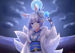  1girl animal_ears azur_lane bangs blue_eyes blunt_bangs eyeliner eyeshadow fox_ears fox_girl fox_mask fox_tail japanese_clothes kaga_(azur_lane) kimono kitsune makeup mask mask_on_head multiple_tails short_hair solo tail vitarudwls1 white_hair white_kimono wide_sleeves 