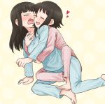 2girls bangs bernard-jou_iwaku. black_hair blush closed_eyes heart hug hug_from_behind kanbayashi_shiori leg_hug long_hair machida_sawako meis_(terameisu) multiple_girls pajamas short_hair smile sweatdrop yuri