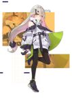  1girl baggy_clothes bangs black_legwear blush casual closed_mouth coat full_body girls_frontline gloves hair_between_eyes hair_ornament hairclip highres long_hair looking_at_viewer low-tied_long_hair mg4_(girls_frontline) off_shoulder pantyhose ranyu shoes sidelocks silver_hair sneakers solo standing standing_on_one_leg thigh_strap tsurime twintails very_long_hair yellow_eyes 