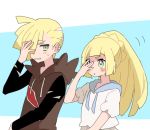  1boy 1girl blonde_hair brother_and_sister creatures_(company) game_freak gladio_(pokemon) green_eyes hair_over_one_eye lillie_(pokemon) long_hair long_sleeves nintendo okurrmr pokemon pokemon_(game) pokemon_sm ponytail pose shirt short_hair short_sleeves siblings simple_background torn_clothes upper_body white_shirt 