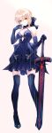  1girl absurdres artoria_pendragon_(all) bangs bare_shoulders blonde_hair blue_bow blue_dress blue_footwear blue_gloves blue_legwear blush bow breasts cleavage closed_mouth collarbone commentary_request dark_excalibur dress elbow_gloves eyebrows_visible_through_hair fate/grand_order fate_(series) full_body gloves gradient gradient_background hair_bow halter_dress hand_up highres holding holding_sword holding_weapon legs_apart light_smile looking_at_viewer medium_breasts minin982 pink_background saber_alter short_hair sleeveless sleeveless_dress solo standing sword thigh-highs weapon yellow_eyes zettai_ryouiki 