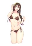  1girl alternate_costume bangs bare_shoulders bikini black_hair blush breasts collarbone commentary_request cowboy_shot eyebrows_visible_through_hair glasses green_eyes groin hair_between_eyes hairband highres kantai_collection long_hair looking_away navel ooyodo_(kantai_collection) open_mouth semi-rimless_eyewear side-tie_bikini simple_background small_breasts smile solo standing swimsuit under-rim_eyewear white_background yuuji_(and) 