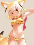  1girl :p animal_ear_fluff animal_ears animal_print bikini blonde_hair bow bowtie breasts brown_eyes commentary_request cowboy_shot extra_ears eyebrows_visible_through_hair fennec_(kemono_friends) fox_ears fox_tail fur-trimmed_gloves fur_trim gloves gluteal_fold hand_on_hip head_tilt highres kemono_friends looking_at_viewer makuran medium_breasts medium_hair multicolored_hair navel oni_horns pink_shirt print_bikini setsubun shirt shirt_lift side-tie_bikini simple_background solo stomach swimsuit tail tiger_print tongue tongue_out two-tone_hair white_hair yellow_neckwear 