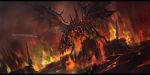  artist_name commentary_request dragon fantasy fire highres molten_rock night no_humans pixiv_fantasia pixiv_fantasia_last_saga polearm skeleton spear swd3e2 weapon wings 