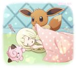  1girl akika_821 blanket blonde_hair blush_stickers braid clefairy closed_eyes creatures_(company) eevee game_freak gen_1_pokemon lillie_(pokemon) long_hair lying nintendo on_side parted_lips pokemon pokemon_(anime) pokemon_(creature) pokemon_sm_(anime) sleeping stuffed_toy twin_braids twitter_username 