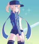  1girl artist_name artoria_pendragon_(all) ass baseball_cap blonde_hair bloomers blue_eyes blush fate/grand_order fate_(series) hair_between_eyes hat highres jacket looking_at_viewer mysterious_heroine_x ponytail scarf skindentation smile solo thigh-highs thighs twitter_username underwear yurifucker 