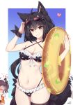  2girls :d ahoge animal_ear_fluff animal_ears arm_up bangs bare_arms bare_shoulders bikini black_bikini black_hair blush breasts brown_eyes brown_hair cat_hair_ornament cleavage collarbone criss-cross_halter drooling ear_piercing eyebrows_visible_through_hair eyewear_on_head fingernails green_innertube grin hair_between_eyes hair_ornament halterneck head_tilt heart heavy_breathing highres hololive innertube jacket looking_at_viewer multiple_girls natsuiro_matsuri navel neps-l nose_blush one_side_up open_mouth orange_jacket piercing shirakami_fubuki small_breasts smile solo_focus sunglasses swimsuit tail tongue tongue_out virtual_youtuber wolf_ears wolf_girl wolf_tail 