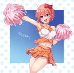  1girl :d armpits blue_eyes bow character_name cheerleader collarbone commentary doki_doki_literature_club eyebrows_visible_through_hair hair_between_eyes hair_bow midriff navel open_mouth orange_hair orange_skirt outstretched_arm pleated_skirt polka_dot polka_dot_background pom_poms red_bow sayori_(doki_doki_literature_club) short_hair skirt smile solo sophie_albatou sweat tank_top 