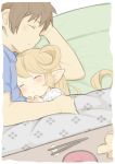  1boy 1girl blonde_hair brown_hair charlotta_fenia chopsticks closed_eyes from_above gran_(granblue_fantasy) granblue_fantasy harvin hug kotatsu long_hair pointy_ears sleeping table walkalone 