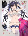  1girl :d \m/ animal_ears bag bangs bare_arms bare_shoulders black_hair blue_choker blue_eyes blue_ribbon bra cat_ears choker commentary_request frilled_bra frilled_panties frills groin hair_ribbon hand_up harunoibuki head_tilt heterochromia high_heels leg_garter leg_up long_hair looking_at_viewer navel open_mouth original panties petals pink_skirt ribbon shoes_removed side-tie_panties skindentation skirt skirt_removed smile solo standing standing_on_one_leg stomach thigh-highs twintails twintails_day underwear white_bra white_legwear white_panties yellow_eyes 