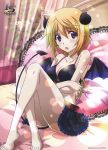  1girl absurdres barefoot bed bikini_top blush charlotte_dunois crossed_arms highres horns infinite_stratos long_hair open_mouth pillow skirt tagme tail violet_eyes wings 
