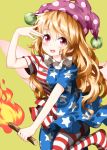  1girl :d american_flag_dress american_flag_legwear arm_up bangs blonde_hair blue_dress blue_legwear blush breasts clownpiece commentary_request dress eyebrows_visible_through_hair fairy_wings feet_out_of_frame hair_between_eyes hat highres holding holding_torch jester_cap looking_at_viewer neck_ruff no_shoes open_mouth pantyhose polka_dot polka_dot_hat purple_hat red_dress red_legwear ruu_(tksymkw) short_dress short_sleeves simple_background small_breasts smile solo star star_print striped striped_dress striped_legwear thighs torch touhou violet_eyes white_dress white_legwear wings yellow_background 