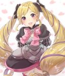  1girl arms_behind_back black_bow blonde_hair bow dress earrings elise_(fire_emblem_if) fire_emblem fire_emblem_if hair_bow haru_(nakajou-28) jewelry long_hair multicolored_hair nintendo open_mouth petals pink_bow purple_hair simple_background solo twintails violet_eyes white_background 