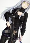  1girl alma01 assault_rifle bangs black_legwear black_shirt blunt_bangs blush breasts cleavage_cutout closed_mouth commentary_request dutch_angle eyebrows_visible_through_hair facial_mark girls_frontline green_eyes grey_background gun h&amp;k_hk416 hair_ornament heckler_&amp;_koch hk416_(girls_frontline) holding holding_gun holding_weapon long_hair long_sleeves looking_at_viewer medium_breasts object_namesake purple_skirt rifle shirt silver_hair simple_background skirt sling solo teardrop very_long_hair weapon 