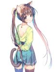  1girl animal_ear_fluff animal_ears bangs blue_skirt blush brown_eyes brown_hair cat_ears cat_girl cat_tail commentary_request cowboy_shot eyebrows_visible_through_hair green_ribbon green_sweater hair_ribbon highres holding holding_hair long_hair long_sleeves looking_at_viewer looking_back miwabe_sakura original parted_lips pleated_skirt ribbon sidelocks simple_background skirt solo sweater tail tail_raised thigh-highs twintails twintails_day very_long_hair white_background 