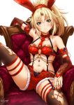  1girl animal_ears arm_rest bandeau bangs blonde_hair breasts bridal_gauntlets chains chair collarbone commentary_request detached_collar detached_sleeves earrings eyebrows_visible_through_hair fake_animal_ears fate/grand_order fate_(series) garter_straps gold gold_trim green_eyes hair_ornament highres jewelry knee_up long_hair looking_at_viewer mordred_(fate) mordred_(fate)_(all) nail_polish navel necktie o-ring o-ring_top open_fly parted_bangs ponytail rabbit_ears red_legwear red_nails red_neckwear red_shorts ruby_(gemstone) sakiyamama short_shorts shorts sidelocks signature simple_background skindentation sleeve_cuffs small_breasts solo spread_legs stomach thigh-highs thigh_strap white_background 