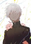  1boy absurdres albino animal animal_on_shoulder backlighting bangs black_track_suit commentary confetti earrings facing_viewer highres jacket jewelry kuzuha_(nijisanji) long_sleeves looking_to_the_side male_focus nijisanji pale_skin pig red_eyes solo streamers track_jacket undersized_animal unti_no_azi upper_body white_background white_hair zipper 