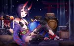  1girl :d artist_name bangs bare_shoulders barefoot_sandals breasts bridal_gauntlets collarbone commentary_request cup fang fate/grand_order fate_(series) food fruit gourd grapes hands_up head_tilt headpiece holding holding_cup horns japanese_clothes kimono knee_up long_sleeves looking_at_viewer off_shoulder oni oni_horns open_clothes open_kimono open_mouth petals purple_hair purple_kimono revealing_clothes rimuu sakazuki short_eyebrows short_hair shuten_douji_(fate/grand_order) small_breasts smile solo thick_eyebrows torii violet_eyes water waterfall watermark web_address wide_sleeves 