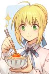  1girl :&gt; ahoge artoria_pendragon_(all) blonde_hair blue_ribbon bowl braid chopsticks egg fate/stay_night fate_(series) food french_braid green_eyes hair_bun hair_ribbon hankuri holding holding_bowl holding_chopsticks long_sleeves ribbon rice rice_bowl saber shirt solo sparkle white_shirt 