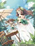  :d apple armlet bare_shoulders blue_sky blush bottle bow bracelet breasts chair clouds day dutch_angle flower food fruit green_bow green_eyes hair_flower hair_ornament hat holding_skirt jewelry keypot large_breasts long_hair looking_at_viewer neck_ring official_art open_mouth outdoors plant sidelocks skirt sky small_breasts smile sun_hat table topless tree twintails umbrella waving white_skirt wixoss yellow_pupils 