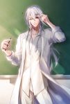  1boy ;) adjusting_eyewear chalk chalkboard collarbone glasses hair_between_eyes hair_ornament highres indoors long_hair looking_at_viewer male_focus one_eye_closed pants pointer red_eyes shang_bu_huan shirt smile solo standing thunderbolt_fantasy white_hair white_pants white_shirt x_hair_ornament 