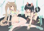  2girls :d all_fours animal_ears arm_ribbon ass bangs bare_shoulders bell bell_collar black_hair black_legwear blunt_bangs blush bow bra breasts cat_ears cat_girl cat_tail cleavage closed_mouth collar collarbone commentary_request cona_kinaco dog_ears dog_girl dog_tail eyebrows_visible_through_hair fang fingernails garter_belt garter_straps green_bra green_footwear green_ribbon high_heels highres jingle_bell kemonomimi_mode legs light_brown_hair long_hair looking_at_viewer lying medium_breasts multiple_girls on_side open_mouth original panties paw_pose red_eyes ribbon short_hair smile tail thigh-highs thighs underwear underwear_only very_long_hair white_legwear wrist_ribbon yellow_eyes 
