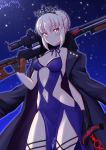  1girl artoria_pendragon_(all) bangs black_gloves black_jacket blonde_hair blue_dress blush breasts closed_mouth collarbone commentary_request cowboy_shot dark_excalibur dated dress eyebrows_visible_through_hair fate/grand_order fate_(series) gloves gun hair_between_eyes holding holding_gun holding_sword holding_weapon jacket jacket_on_shoulders looking_at_viewer medium_breasts navel navel_cutout night night_sky open_clothes open_jacket outdoors pink_eyes ppshex rifle saber_alter short_hair sidelocks signature sky sniper_rifle solo stomach sword thigh_strap tiara weapon 