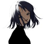 1girl :d bangs black_eyes black_hair black_shirt blush commentary_request flat_color from_side head_tilt highres looking_to_the_side open_mouth original shirt short_hair simple_background smile sogawa solo teeth upper_body white_background 